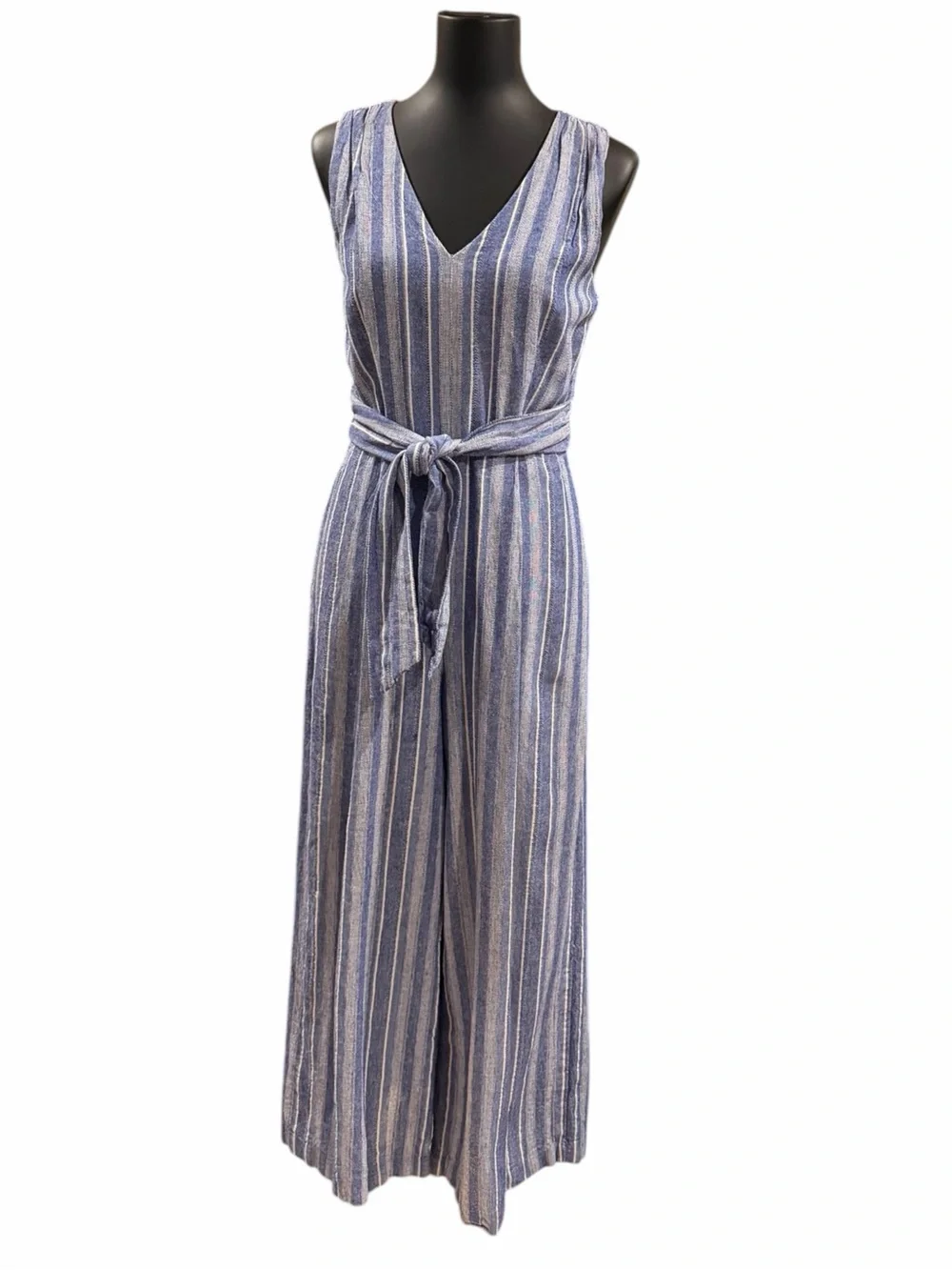 Classy Calvin Klein Linen Blend Belted Sleeveless Blue Stripe Jumpsuit Size 4
